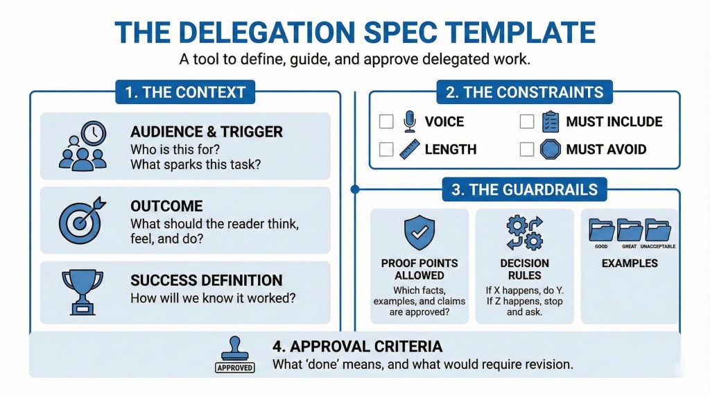 A blue and white infographic titled The Delegation Spec Template, which is a tool to define, guide, and approve delegated work. It features four main panels: The Context (Audience, Trigger, Outcome, and Success), The Constraints (Voice, Length, and Requirements), The Guardrails (Proof Points, Decision Rules, and Examples), and Approval Criteria.