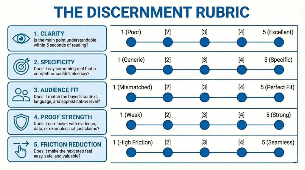 An infographic titled "THE DISCERNMENT RUBRIC" displays five criteria for evaluation, each with a description and a 1-to-5 rating scale from poor to excellent. The criteria are: 1. CLARITY, 2. SPECIFICITY, 3. AUDIENCE FIT, 4. PROOF STRENGTH, and 5. FRICTION REDUCTION.